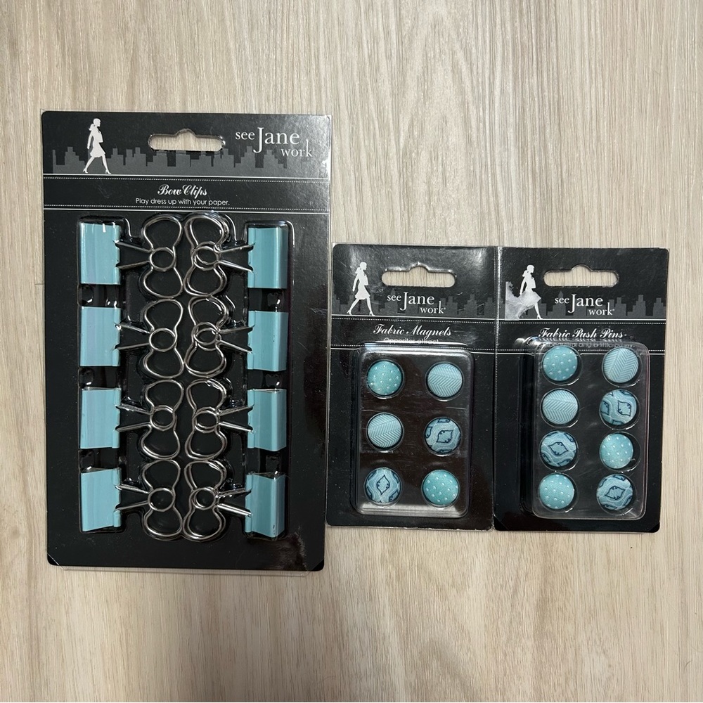 See Jane Work Teal Bow Clips Push Pins Magnets‎ NEW.